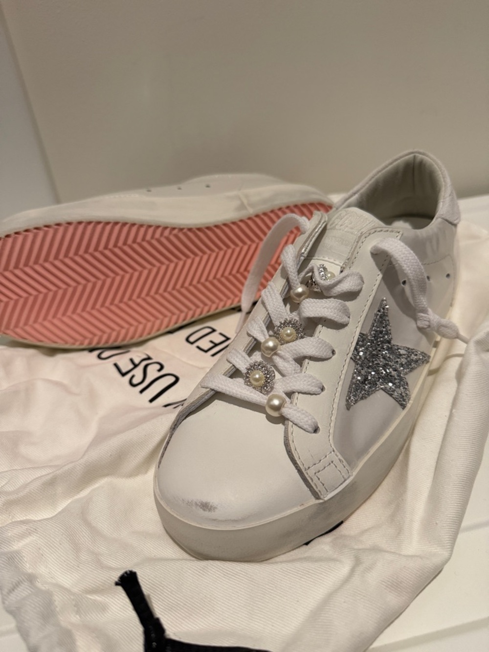 Golden Goose White Sneakers with Silver Glitter Star and Pink Sole